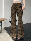 Women American Vintage Low Rise Camouflage Bell Bottoms Y2k Japanese Streetwear Denim Pants Harajuku Long Trousers 2000s Jean
