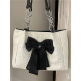 Dermearne Crossbody Bags For Women Korean New Big Bowknot Tote Canvas Summer High Capacity Cute Simple Luxury Elegant Bark Texture