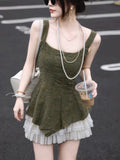 2024 Summer Vintage Elegant Set Women Y2k Print Casual Chic 2 Piece Set Female Solid Slim Sleeveless Tops+High-waisted Skirt New