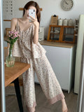 Summer Floral Suspender V-neck Tops+Loose Pants Two-Piece Pajama Set Women's Casual Simple Thin Home Sleepwear With Chest Pads