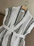 Hollow bead striped cotton linen knitted jacket with waistband tie up