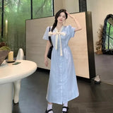 Large French Striped Fat Mm Dress with Elegant Design Summer Bow Skirt Looks Slim and Cinched Waist Blue Tie