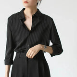 Vintage Black Striped Shirts Women Office Long Sleeve Loose Casual Blouses Lady Korean Fashion Elegant Chic All Match Tops