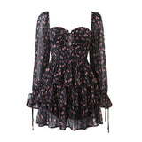 Fashion Women Vintage Floral Print Chiffon Dress Sexy Semi-Sheer Long Sleeve Layered Ruffle Ladies Short Dress