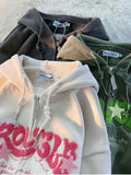 Dermearne Vintage Streetwear Zip Up Tops Oversized Star Graphics Print Hoodies 2024 Women American Retro Graphic Hooded Sweatshirts