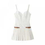 Dermearne Casual V-Neck Short Dress with Belt Temperament Pleated Camisole Dress Comfortable Sleeveless Slim Fit Vestidos for Beach Party