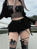 Gothic Black Bloomer Shorts Women's Summer Elastic Waist Ruffle Layered Shorts Harajuku Streetwear High Waist Bottoms