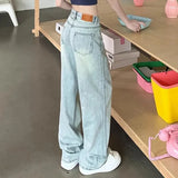 Distress Washed High Waist Loose Straight Leg Jeans Fashion Women Light Blue Student Straight Leg Trousers Large Size XS-2XL