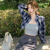 Check Shirt Women's Long Sleeve Vintage Casual Lapel Turn-down  Collar Plaid Classic Single Breasted Tops