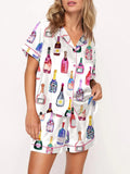 Champagne Bottle Pajamas Set for Women Short Sleeve Button Down Shirt Shorts Set 2 Piece Casual Silk Satin Sleepwear Loungewear