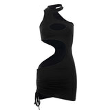 Fashion Women Sexy Hollow Drawstring Sheath Dress Streetwear Short Sleeve Backless Bodycon Halter Mini Dress for Club Party
