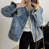 Hekiy Women Single-breasted Cardigan Denim Jacket Long Sleeve Overcoat Loose Denim Coat Casual Outwear Jeans Jackets Spring