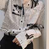Fashion Women Chiffon Shirts Korean Casual Newspaper Print Female Loose Tops Bf Streetwear All Match Shirts