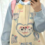 American Sky Blue Cotton Zipper Hoodie Jackets Kitten Cats Cute Y2K Print Sweatshirt Coat Loose Oversized Korean Kawaii Clothes