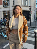 Printed Turn-down Collar Lambswool Coats Women Retro Long Sleeve Brown Button Thick Jacket Coat Female Autumn Elegant Outwear