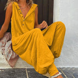 Women Jumpsuit Sleeveless Button Closure Hooded Playsuit Solid Color Loose Summer Jumpsuit Cotton Blend Lady Hooded Jumpsuit