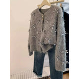 2024 Autumn Winter Women Temperament High Soft Mohair Knitted Cardigan Fragrant Coat Casual Tops Korean Grey Bow Sweater