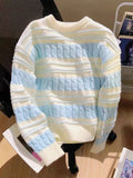 DERMEARNE Fashion Striped Loose Sweater Women Autumn Winter O-neck Long Sleeve Knitwear Simplicity All-match Refreshing Knitting Tops