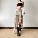 Spicy Girl Style Light and Thin Split Mesh Irregular Skirt for Women High Waist Slim Versatile Mid Length y2k Skirt
