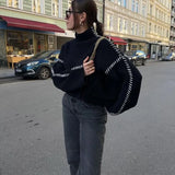 Black Basic Sweater Women Harajuku Patchwork Turtleneck Korean Fashion Knit Pullover Oversized Autumn Casual Design