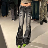 Streetwear y2k Flare Jeans Distressed 2000s Floral Print Low Rise Slim Denim Pants Korean Women Trousers Retro Mom Jeans