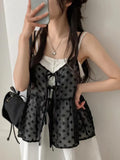 DERMEARNE French Lace Sling Elegant Mesh Tops Women Summer Fashion Stacked Design Loose Gauze Tanks Korea Vintage Outwear Camis New