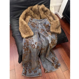 DERMEARNE Ladies Retro American Floral Embroidery Wide Leg Jeans Spring New Loose Slimming Straight Tube Pants Couples Style Floor-Length