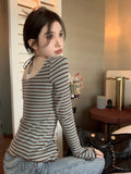 Vintage Striped Cotton T Shirts Women Japanese Style Y2k Bandage Crop Tops Trendy 2000s Casual Long Sleeve Tees Female New