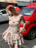 Summer Sweet Floral 2 Piece Skirt Set Women Sexy Lace Y2k Crop Tops + Cute Mini Skirt Beach Fairy Vacation Skirt Suits New 2024