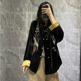 Chinese Style Fashion Embroidery Black Coat Women Autumn Winter Loose Casual Jackets Tops Ethnic Harajuku Vintage Clothes Female