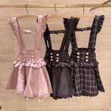 Dermearne Japanese Gothic Lolita Ribbon Bow Diamond Pearl Buckle Removable Short Suspender Skirt Girls Sweet Cute Lace A-Line Mini Skirts