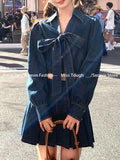 Vintage Suits Retro Denim 2 Piece Set Female French Slim Bow Design Long Sleeve Blouse + Casual Y2k Jean Skirt Korean Style 2024