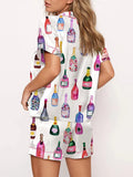 Champagne Bottle Pajamas Set for Women Short Sleeve Button Down Shirt Shorts Set 2 Piece Casual Silk Satin Sleepwear Loungewear