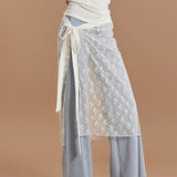 Women Y2k Lace Skirts Cover Up Floral Lace Sheer Mesh Extender Layering Half Slipt Skirt Tie-Up Sarong Wrap Skirts Matching Pant