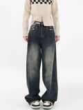 Dermearne American High Waist Straight Jeans Leg Waist Loose Wide Leg Women's Y2K Washed Grind Hair Distressed Versatile Casual Pants