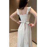 Square Collar Slip Dress Women Summer New Slim Solid Color Backless Elegant Casual High Waist Suspender Long Dresses Ladies