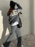 2Pcs Casual Knitted Wide Leg Pant Suit Women's Personality Letter Printing Versatile Loose Long Sleeved O-Neck Pullover Sweater