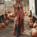 DERMEARNE Ethnic Retro Solid Ruffle Irregular Dress Women Spring V Neck Slim Party Long Dress Autumn Long Sleeve Boho Maxi Dress