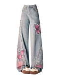 American Tie-dye Butterfly Embroidery Raw-edge Jeans for Women Fashion Street Hot Girl Wide Leg Pants Y2k Loose Mopping Pants