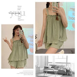 Women Summer Two Pieces Short Pajamas Suspenders Thin Sweet Cute Cotton Gilrs Homewear With Sleeveless Loose Soft Home Clothing