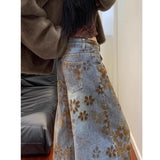 DERMEARNE Ladies Retro American Floral Embroidery Wide Leg Jeans Spring New Loose Slimming Straight Tube Pants Couples Style Floor-Length