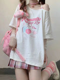 Women Kawaii Off Shoulder T-shirt Harajuku Sweet Girl White Tops Y2k Aesthetic Cute Graphic Tees Japanese Fashion Shirt