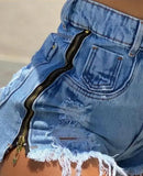 Dermearne Women's Shorts Casual Summer Vacation Fashion Side Zipper Design Contrast Paneled Fringe Raw Hem High Waist Denim Shorts