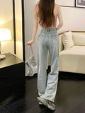 Dermearne Sweet Blue Jeans for Women Bow Embroidery Straight Denim Trousers Y2k Vintage Korean Style Baggy High Waist Jeans Casual