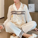 Spring New Ice-silk Women's 2Pieces Pajamas Sets Fashion Ladies Casual Top + Trousers Printed Nightwear
