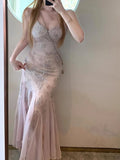 French Vintage Y2k Elegant Boho Midi Dress Female Slim Sexy Lace Print Camisole Long Dress Sequin High Waist Dresses Even Party