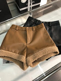 Dermearne 1 Winter New Women Sexy High Waist PU Leather Combination Fur Design Slim Shorts