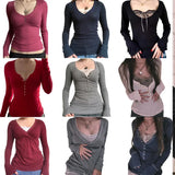 Dermearne Y2K Fairy 90s Vintage V Neck Crop Tops Women 00s Retro Cottage Grunge T-shirt Autumn Ribbed Knitted Long Sleeve Slim Fit Tees
