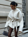 Elegant Women's Solid V-neck Tie-belt Woolen Jacket 2024 New Fashion Classic Long Sleeves Coats Autumn Chic Female Streetwear