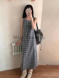 Korea Fashion Plaid Chic Retro Midi Dress Women Lace-up Y2k Design Loose Casual Vest Dress Famale High Street Elegant Clothes